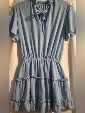 Light Blue Tiered Mini Dress with Tie Neck